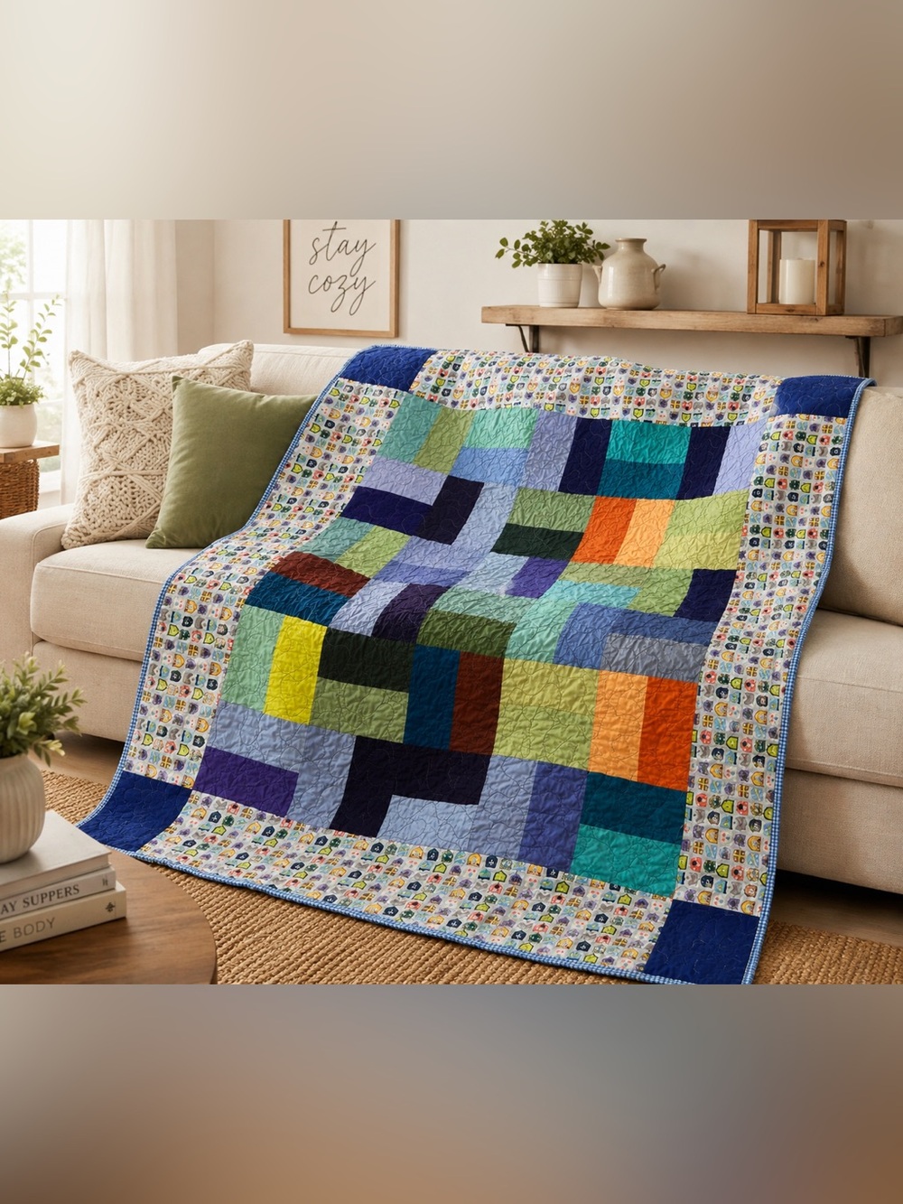 Handmade Multicolor Patchwork Quilt Throw Blanket Colorful Vintage Style